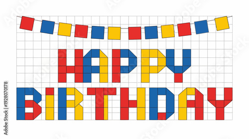 Vibrant Happy Birthday banner with colorful letters and flags, perfect for celebrations and festive occasions with friends and family together