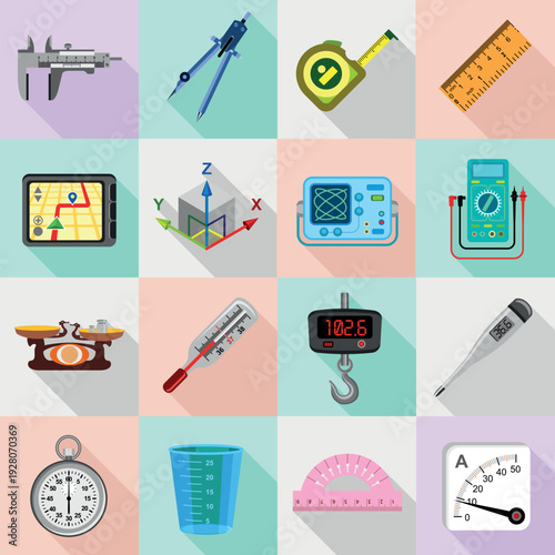 Measure precision icons set, flat style