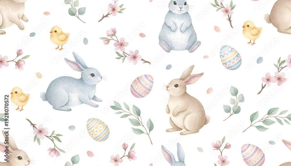 Obraz premium Delicate Easter watercolor seamless pattern with bunnies, chicks and cherry blossom branches