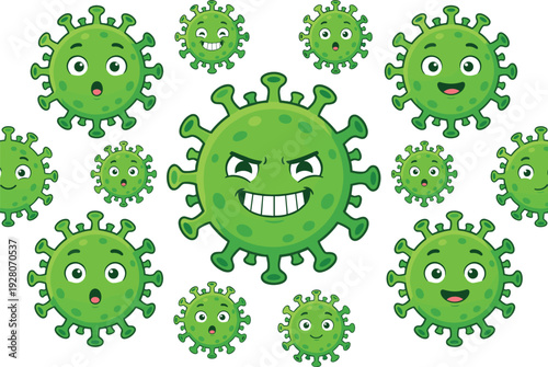 Green Coronavirus Bacteria Cartoon Characters with Different Facial Expressions Vector Illustration Set for Healthcare Awareness Pandemic Prevention Medical Education and Microbiological 