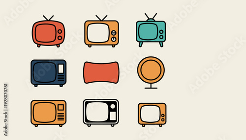 Vintage Television Sets and Accessories in Various Colors.