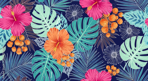 Vibrant tropical leaves and flowers seamless pattern.