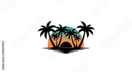 Tropical island with palm trees at sunset.