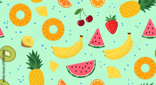Colorful seamless pattern with assorted tropical fruits and berries.