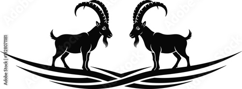 Goat silhouette vector, symmetrical animal illustration, horned livestock design, abstract confrontation art, duality symbol graphic, stylized farm icon, balance emblem