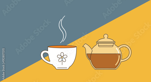 Simple illustration of a tea cup and teapot on a divided background.