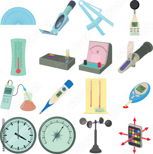 Measure tools icons set, cartoon style