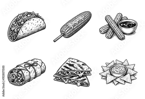 Mexican food collection featuring hand drawn sketches of taco burrito quesadilla nachos churros and elote corn in vintage engraving style