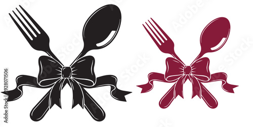 Crossed spoon and fork silhouette with decorative ribbon bow vector set
