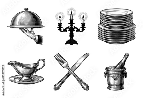 Vintage etching collection of luxury restaurant dining elements including cloche candelabra and champagne bucket in woodcut style