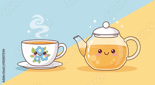 A cartoon teapot and cup of tea on a table.