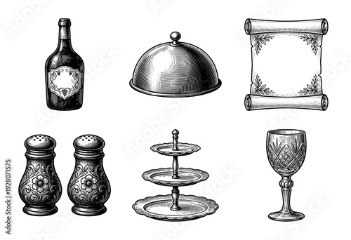 Vintage engraving collection of elegant restaurant and dining icons including wine bottle cloche scroll salt shakers tiered stand and crystal glass