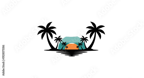 Tropical Island Paradise with Palm Trees and Sunset.