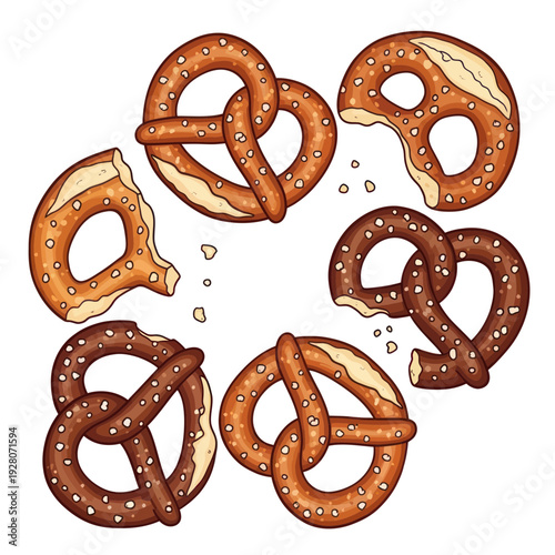 Assorted Pretzels Scattered on White Background - Baked Goods Illustration