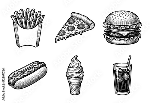 Vintage hand drawn engraving style fast food collection featuring burger pizza fries hot dog ice cream and soda