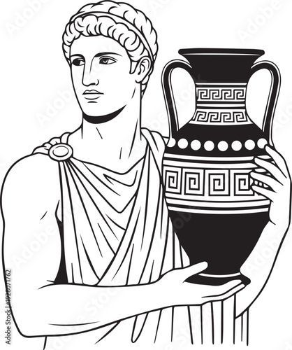Ancient Greek Man With Amphora. Classical mythological male figure holding a traditional decorated vase isolated. Historic Roman antiquity line art drawing for classic art and artifact design