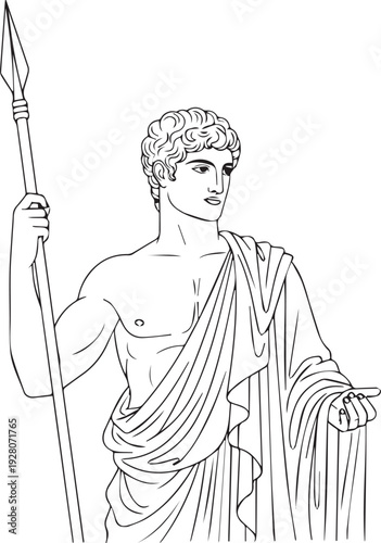 Classical Greek Soldier With Spear. Ancient mythological male warrior figure isolated. Historic Roman antiquity line art drawing for classic mythology and ancient historical architecture design