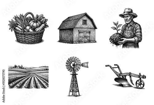 Vintage woodcut style agricultural illustration set featuring a farmer, barn, windmill, plow, vegetable harvest, and rural landscape