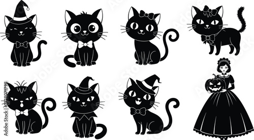 Halloween cat silhouette, festive pumpkin illustration, witch hat vector, spooky holiday design, decorative black feline art, vintage costume icon