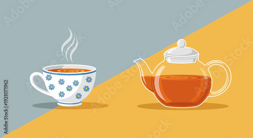 A cup of tea and a teapot on a divided background.