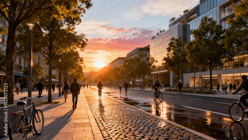 People walking and cycling on a city street at sunset after rain with golden reflections