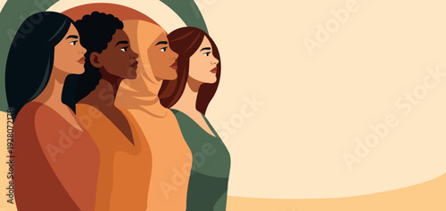 International Women's Day, March 8, Equality Day. Vector banner. Women of different nationalities, cultures stand together, looking forward. Unity, equality, empowerment. Use for social media, poster