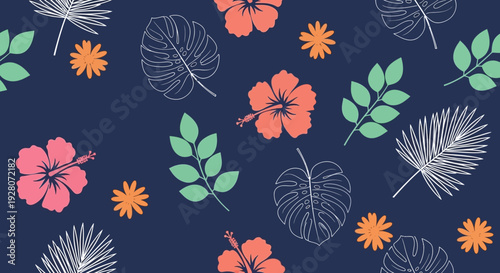 Tropical floral seamless pattern with leaves and flowers on dark blue background.