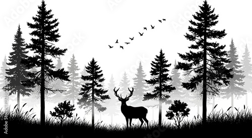 Serene forest landscape with deer and birds in misty atmosphere.