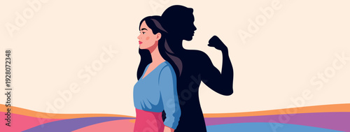  International Women's Day, March 8, Equality Day. Vector horizonatal banner with space for text, confident woman next to her strong shadow. Women's empowerment, feminist, freedom. For women's project