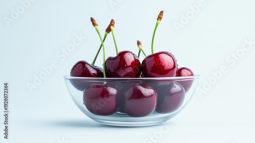 A glass bowl filled with fresh, glossy cherries on a light blue background glistening with droplets