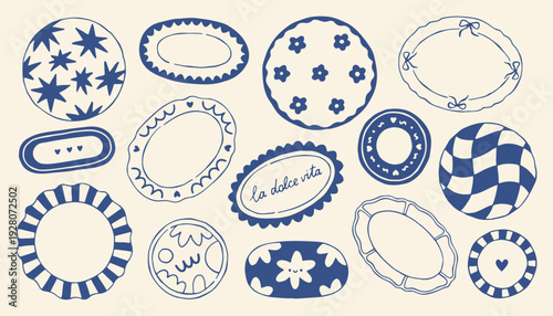 Hand drawn Mediterranean plates vector set in blue monochrome style. Decorative ceramic dish collection with ornaments and patterns, perfect for restaurant branding, menu design and packaging