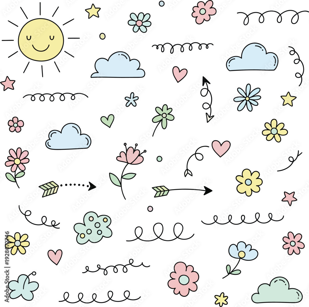 Obraz premium Whimsical illustration of flowers, clouds, and hearts surrounding a smiling sun in a playful, hand-drawn style on a clean background