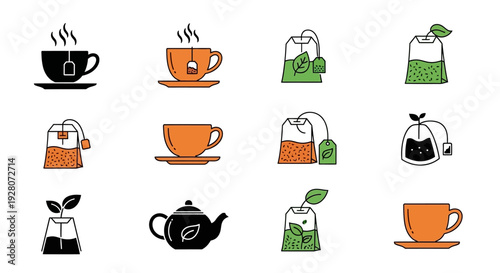 Assorted Tea Cups and Tea Bags in Various Colors and Designs.