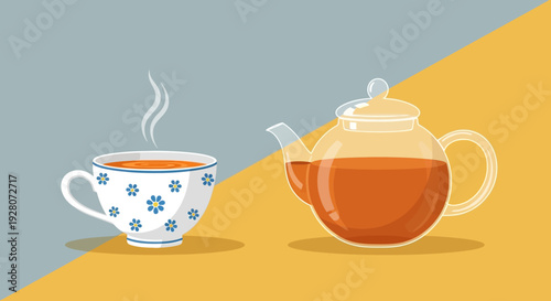 A steaming cup of tea served with a teapot on a colorful background.