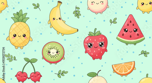 Colorful cartoon fruits with smiling faces on a pastel background.