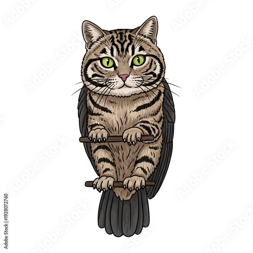 A brown tabby cat with green eyes on a broomstick