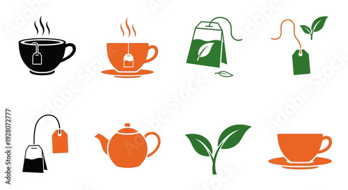 Tea cups, teapot, and tea bags in simple illustrations.
