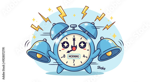 A cartoon alarm clock with multiple bells and a shocked expression.