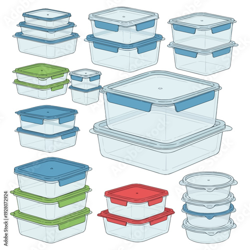 Collection of various plastic containers with different colored lids arranged neatly on a white surface from a straightforward viewpoint.