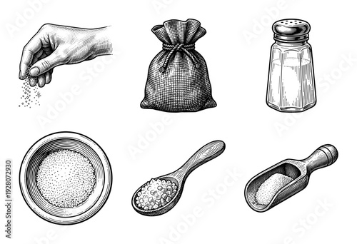 Vintage style engraving collection of salt and sugar seasoning elements including hand pinch, burlap sack, shaker, bowl, spoon, and wooden scoop.