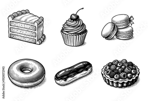 Vintage style hand drawn engraving of assorted bakery desserts including cake cupcake macarons donut eclair and berry tart