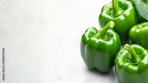 Fresh green bell peppers arranged on a light textured background with a natural setting