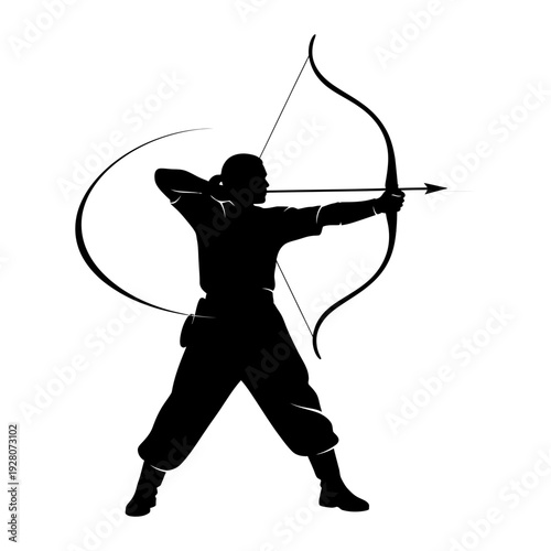 A person in a stance aiming a bow and arrow