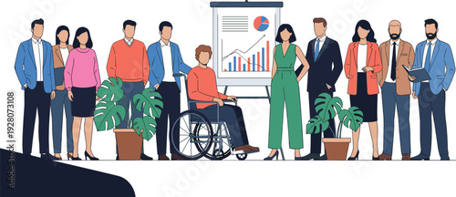 Diverse business team collaboration, inclusive workplace meeting, corporate presentation with charts, professional group teamwork, office strategy discussion, , cad drawing flat vector illustration