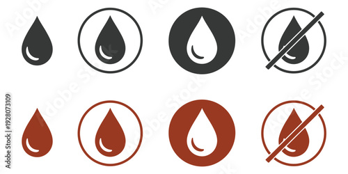 Water drop prohibition icon set, no water symbol in black and blue circle style, waterproof warning and safety instruction sign, product label and manual guide design