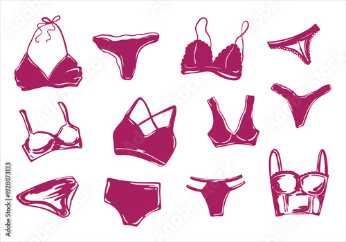 Hand drawn set of female underwear. The set includes various bra styles, sports bras, panties, and lingerie tops. Perfect for fashion, branding, and design.