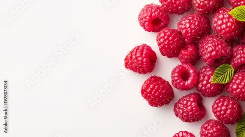Fresh raspberries with vibrant red color and green leaves set against a clean white background