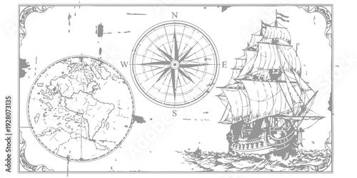 Vintage nautical background with hand drawn sailing ship compass rose and globe on aged paper vector illustration design