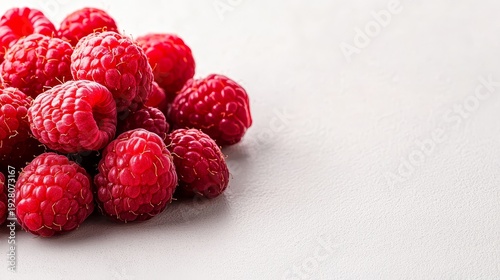 A cluster of vibrant red raspberries resting on a light-colored surface