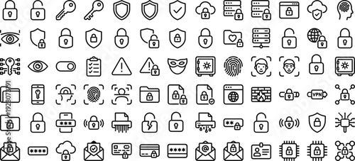 Set of 100 Black Outline Cybersecurity and Data Protection Icons Vector